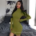 C4264 Wholesale ladies 2019 solid color O neck slim sexy women casual turtleneck bodycon mini dress fall women clothing